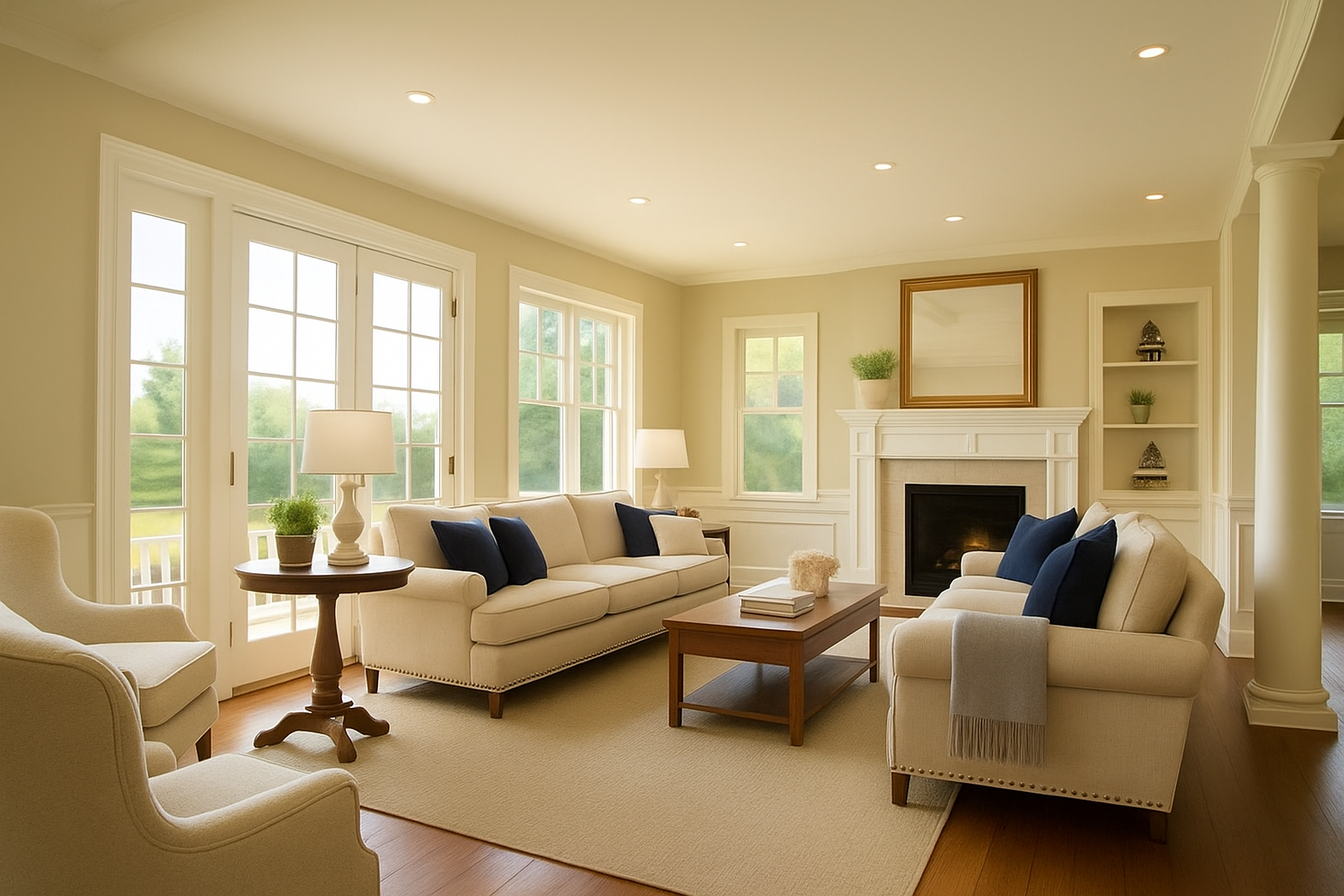 Elegant built in shelving and neutral furniture